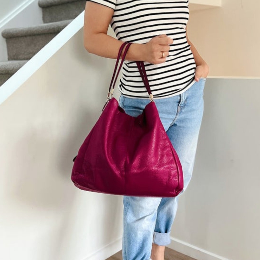 Coach Large Pebbled Leather Shoulder Bag in Berry